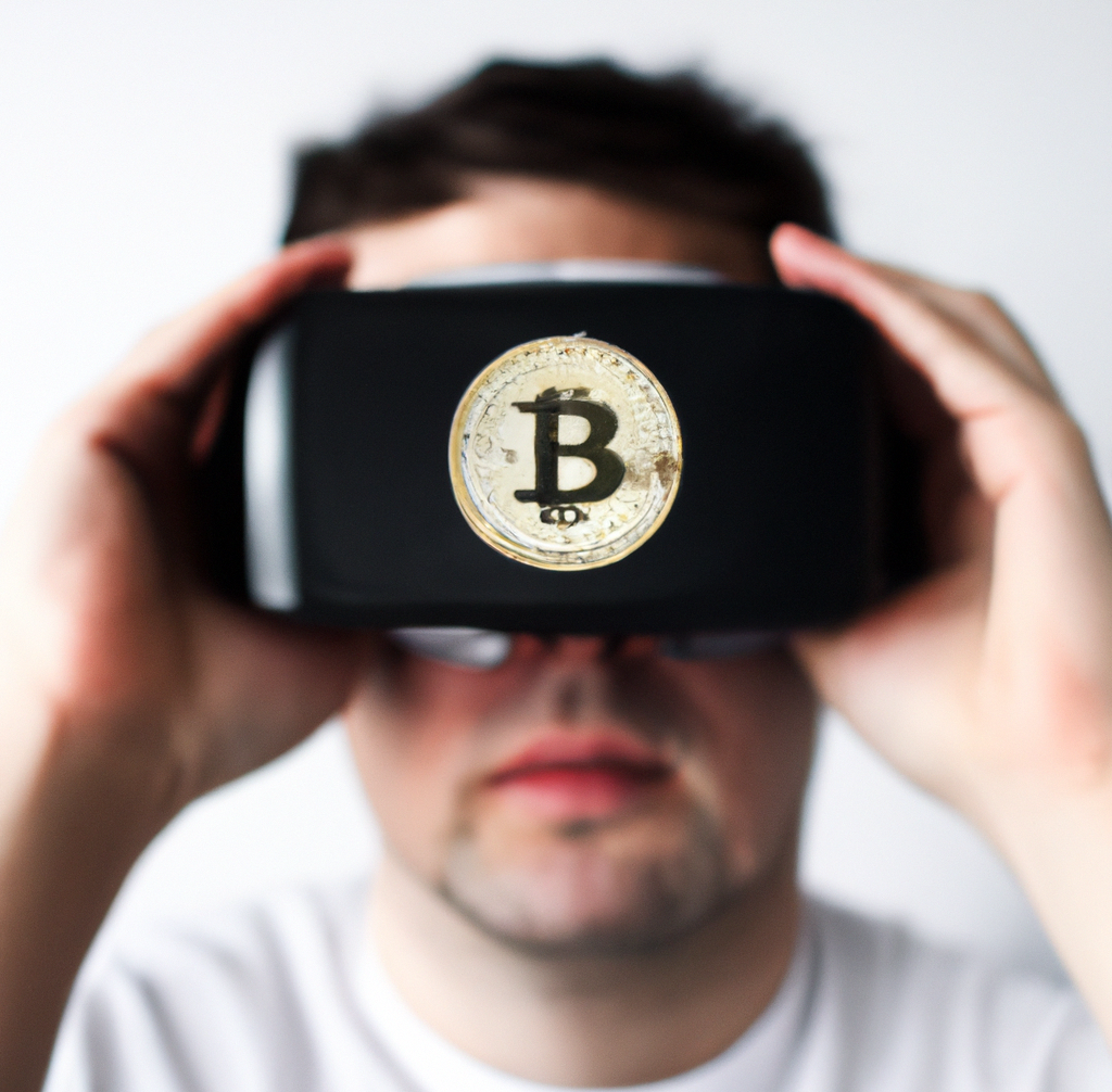 A picture of a man holding a VR headset with the Bitcoin logo in the centre.